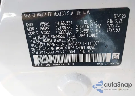 2020 Honda Hr-V Awd Lx из США, поврежденный, VIN 3CZRU6H35LM714554